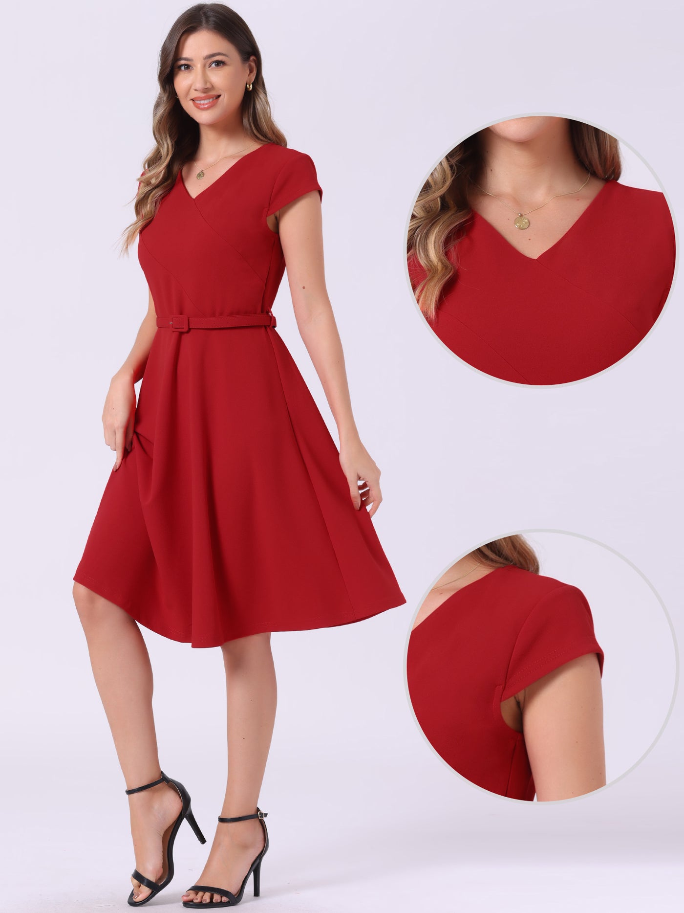 Allegra K Belted V Neck Cap Sleeve Flowy A-line Midi Dress