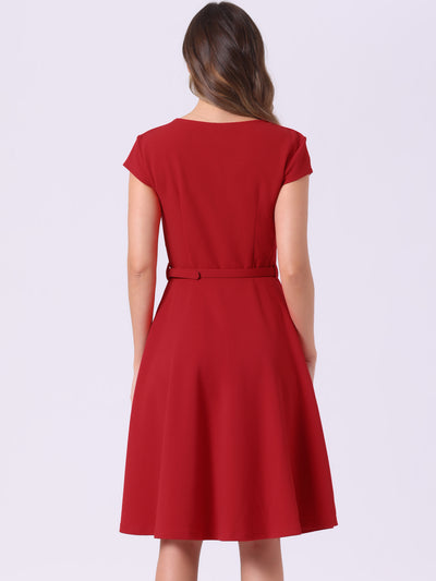 Belted V Neck Cap Sleeve Flowy A-line Midi Dress