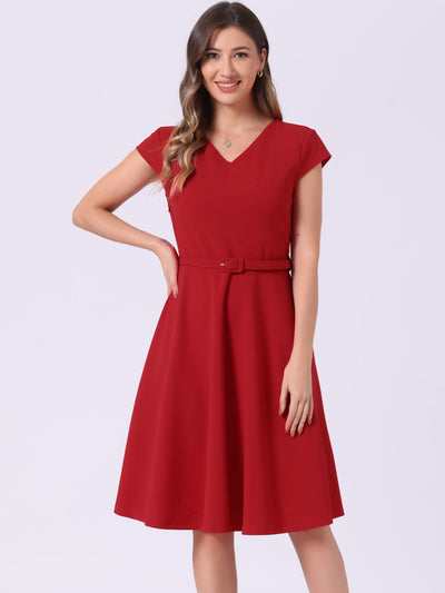 Belted V Neck Cap Sleeve Flowy A-line Midi Dress