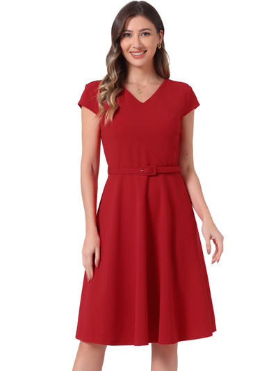 Belted V Neck Cap Sleeve Flowy A-line Midi Dress