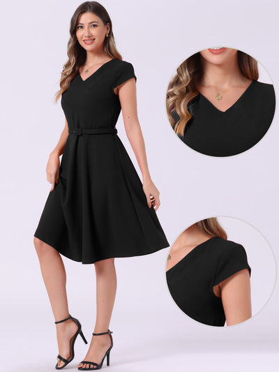 Belted V Neck Cap Sleeve Flowy A-line Midi Dress