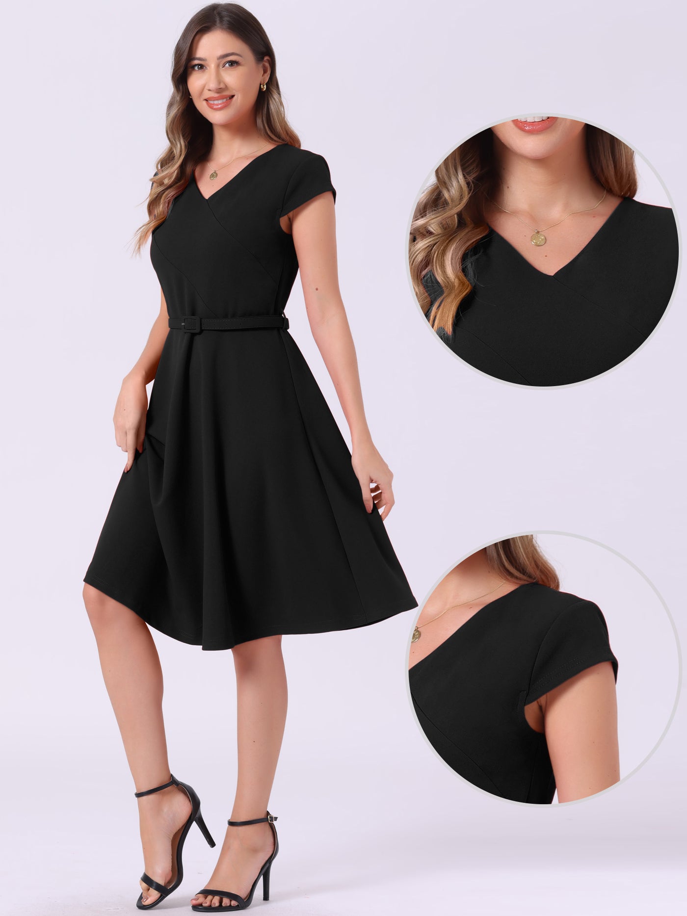 Allegra K Belted V Neck Cap Sleeve Flowy A-line Midi Dress