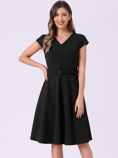 Belted V Neck Cap Sleeve Flowy A-line Midi Dress