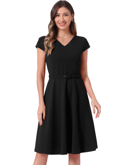 Belted V Neck Cap Sleeve Flowy A-line Midi Dress