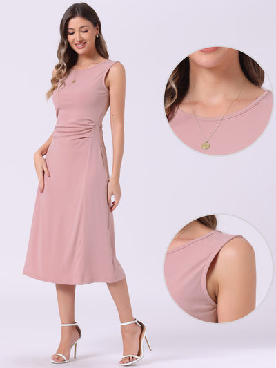 Crew Neck Ruched Casual Midi Sleeveless Dress