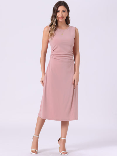 Crew Neck Ruched Casual Midi Sleeveless Dress