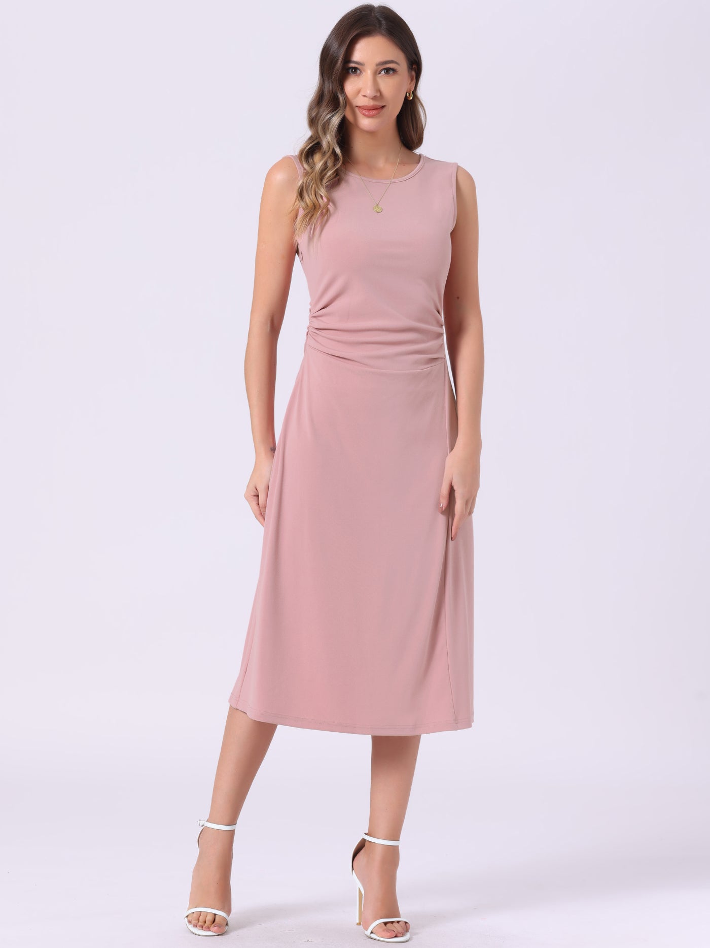 Allegra K Crew Neck Ruched Casual Midi Sleeveless Dress