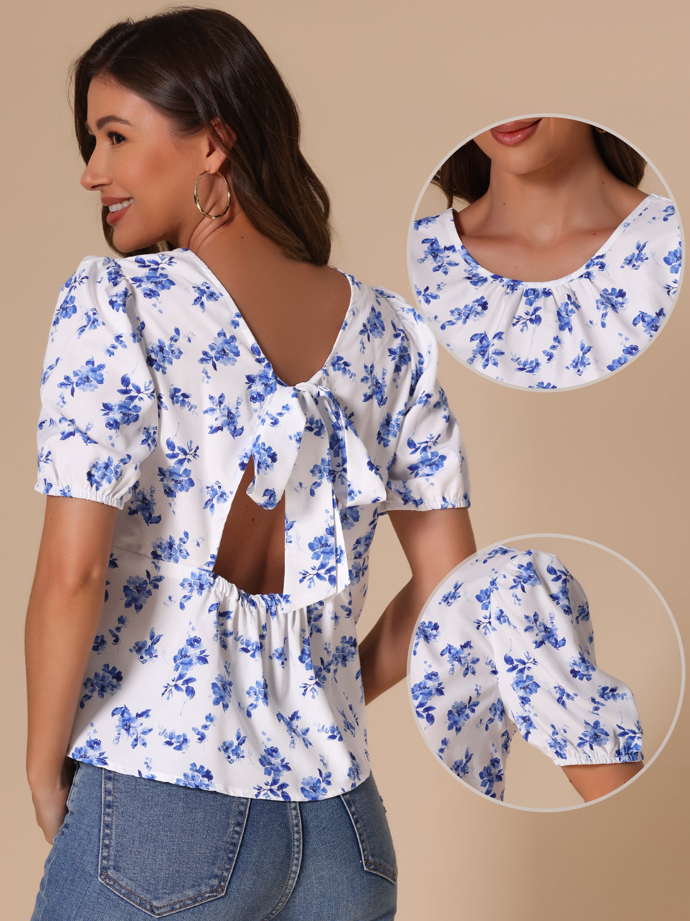 Allegra K Floral Puff Short Sleeve Back Bow Blouse