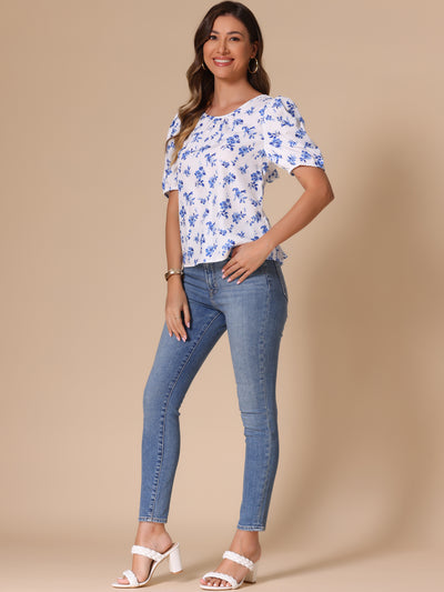 Floral Puff Short Sleeve Back Bow Blouse