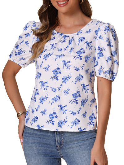 Floral Puff Short Sleeve Back Bow Blouse