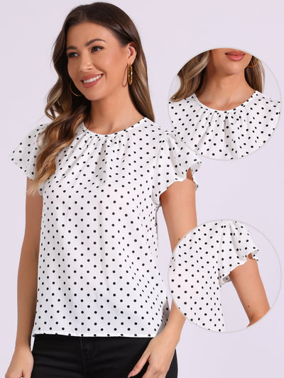 Polka Dots Ruffled Sleeve Round Neck Pleated Blouse