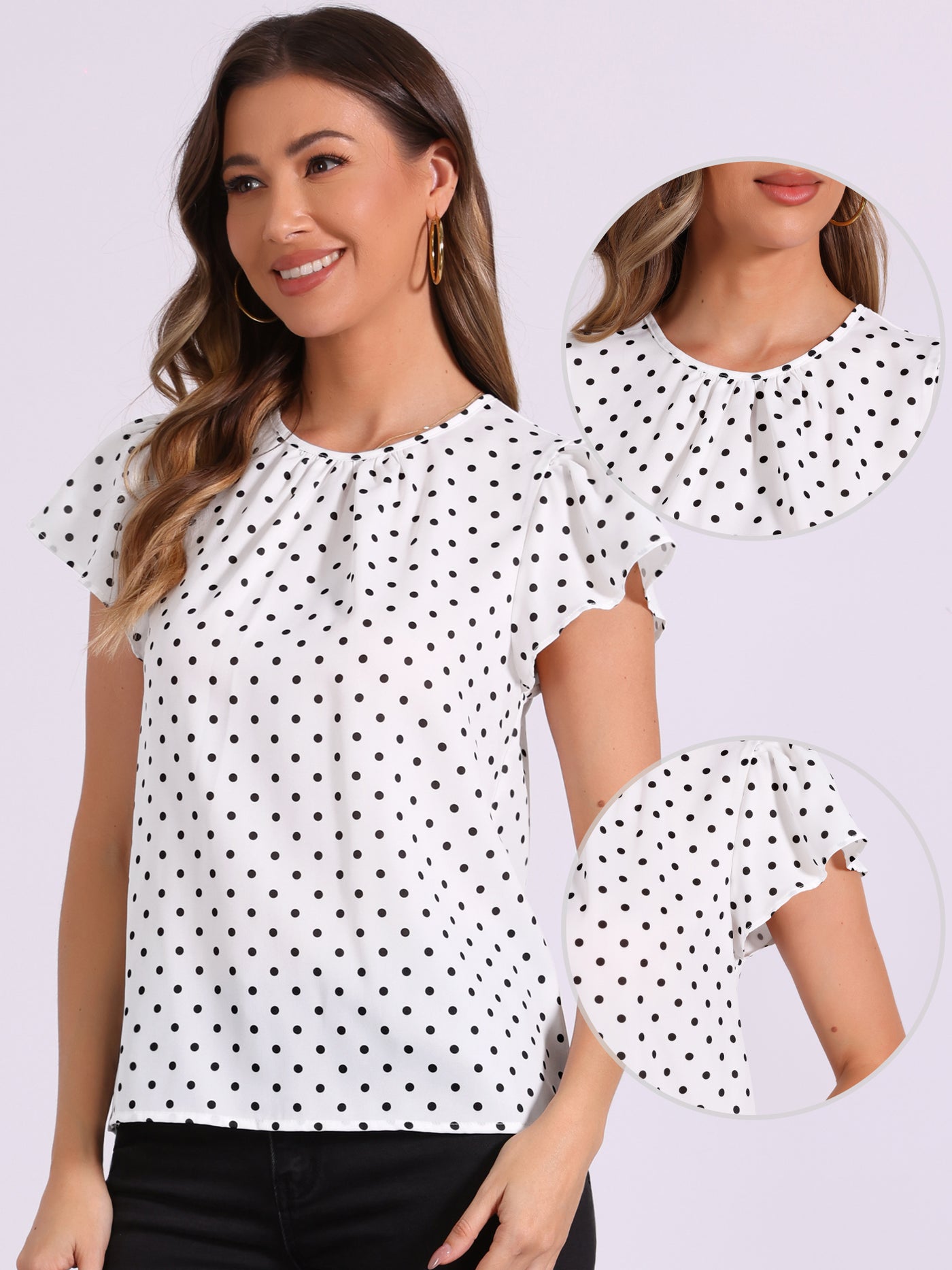 Allegra K Polka Dots Ruffled Sleeve Round Neck Pleated Blouse