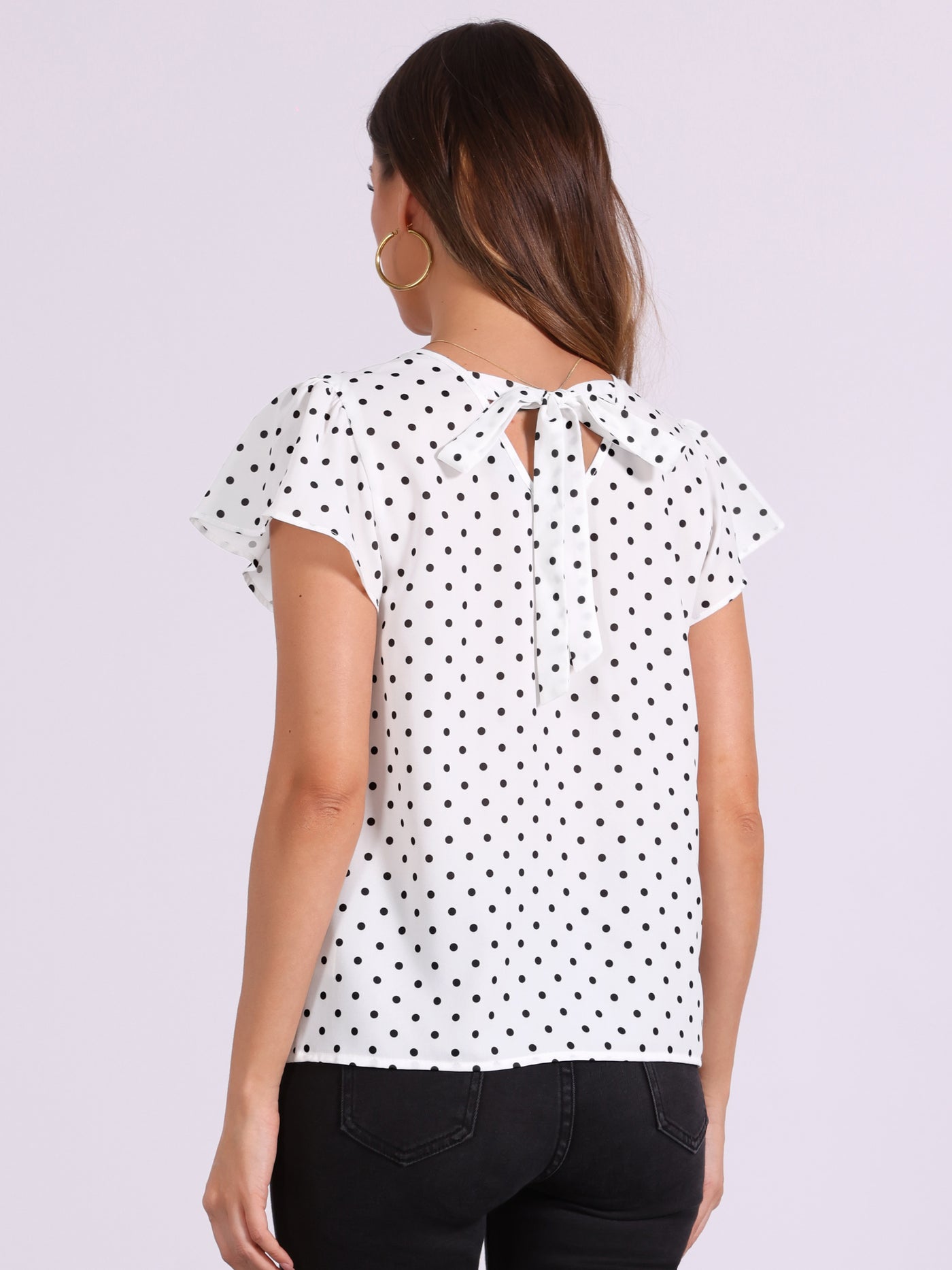 Allegra K Polka Dots Ruffled Sleeve Round Neck Pleated Blouse