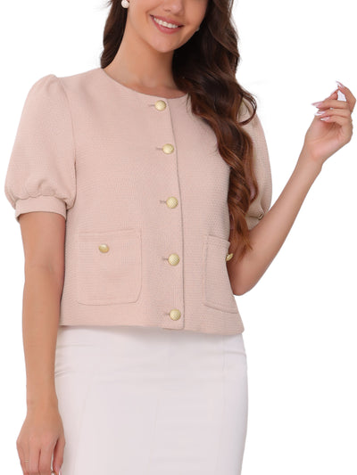 Tweed Puff Short Sleeve Round Neck Cropped Jacket