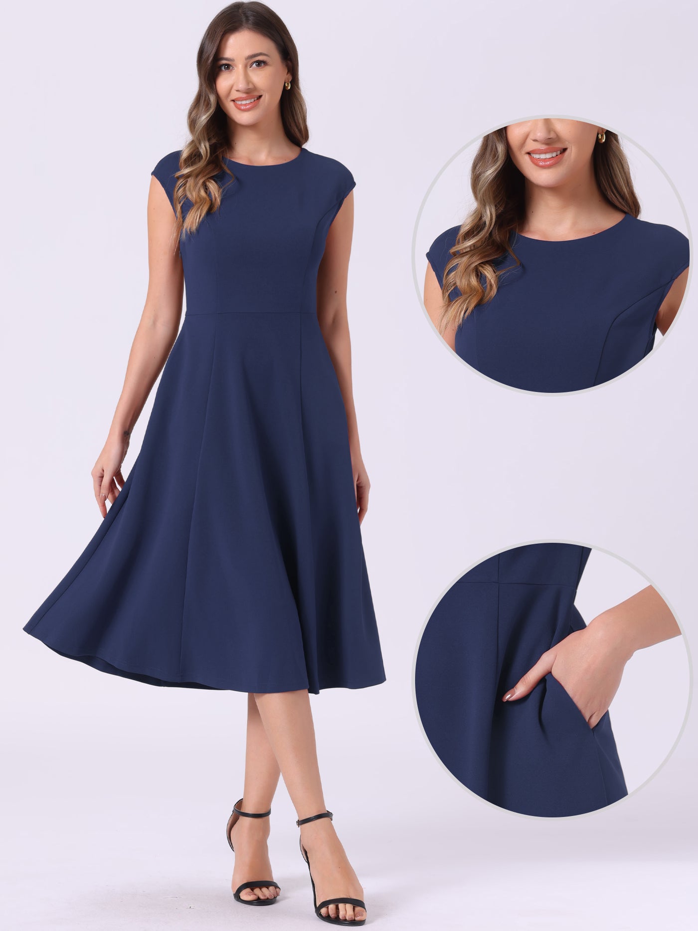 Allegra K Cap Sleeve Pocketed A-Line Work Office Midi Dress