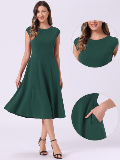 Cap Sleeve Pocketed A-Line Work Office Midi Dress