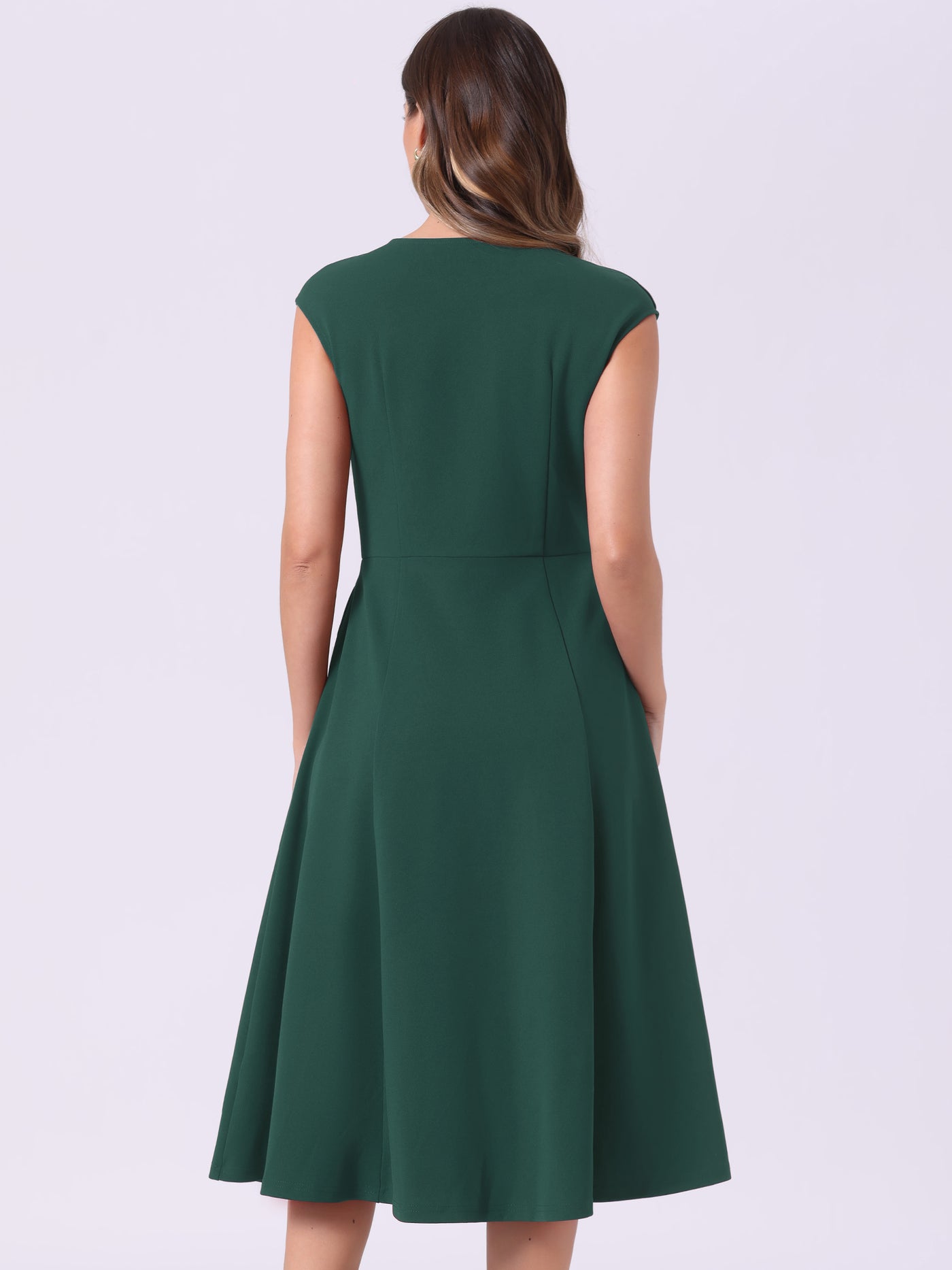 Allegra K Cap Sleeve Pocketed A-Line Work Office Midi Dress