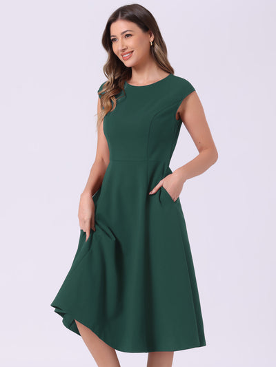 Cap Sleeve Pocketed A-Line Work Office Midi Dress