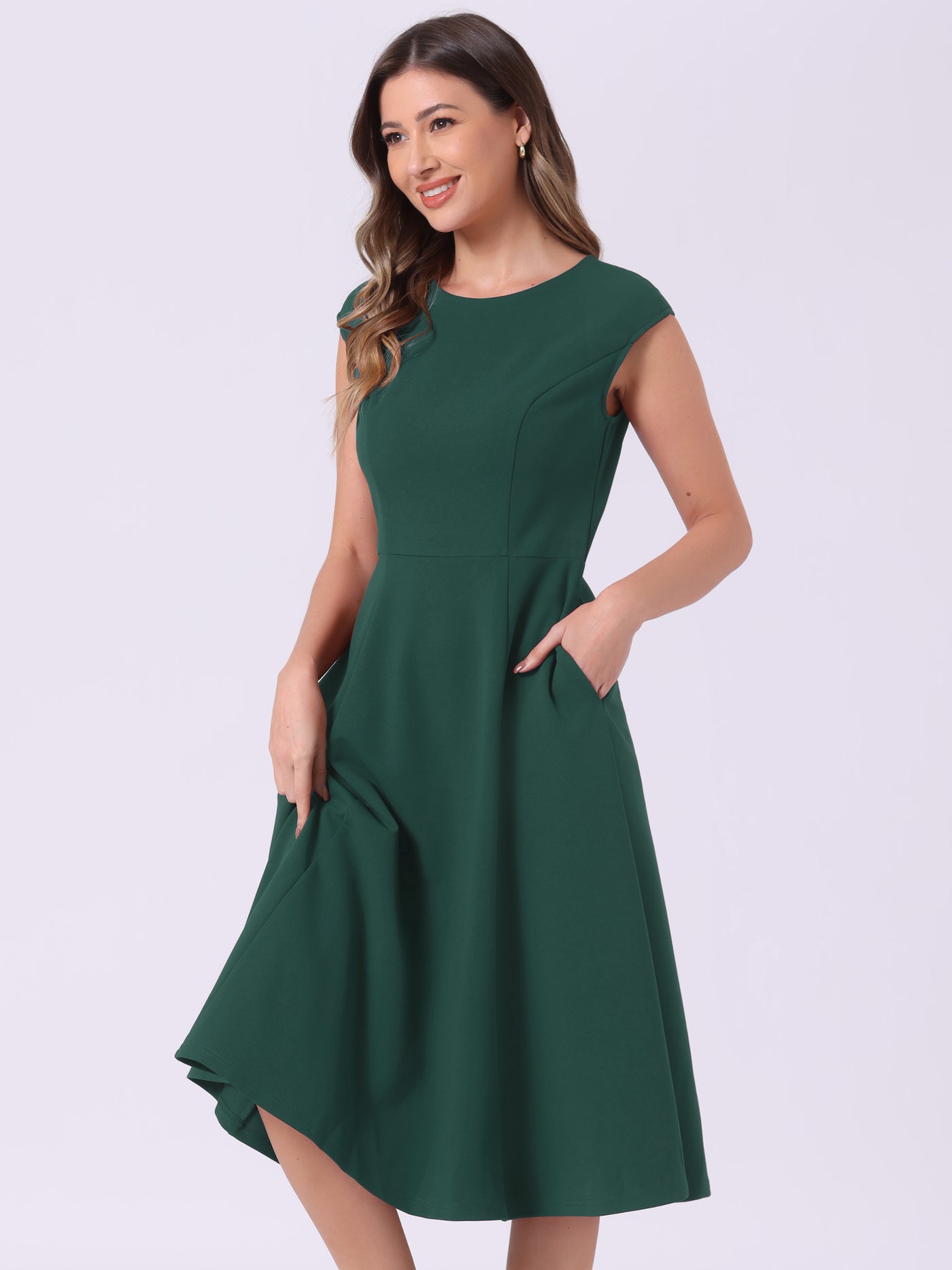 Allegra K Cap Sleeve Pocketed A-Line Work Office Midi Dress