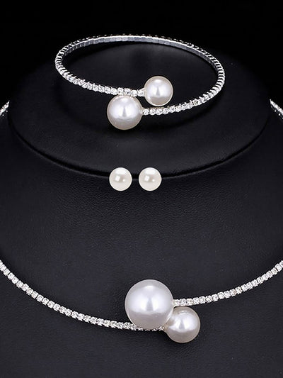 Faux Pearl Rhinestone Necklace Earrings and Bracelet Set