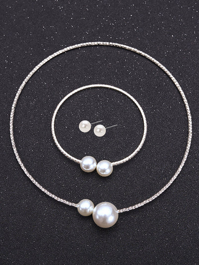 Faux Pearl Rhinestone Necklace Earrings and Bracelet Set