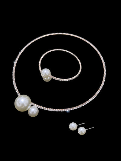 Faux Pearl Rhinestone Necklace Earrings and Bracelet Set