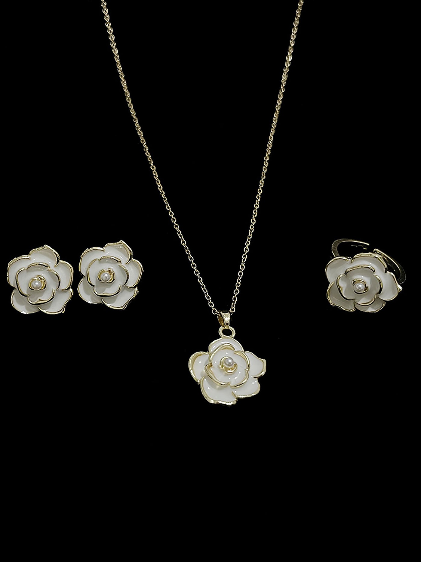 Allegra K 3 Pieces Floral Faux Pearl Earrings Ring and Pendant Necklace Jewelry Set