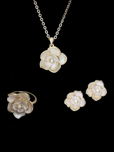 3 Pieces Floral Faux Pearl Earrings Ring and Pendant Necklace Jewelry Set