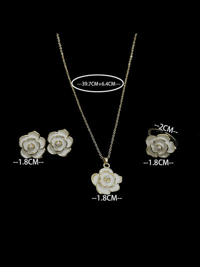 3 Pieces Floral Faux Pearl Earrings Ring and Pendant Necklace Jewelry Set