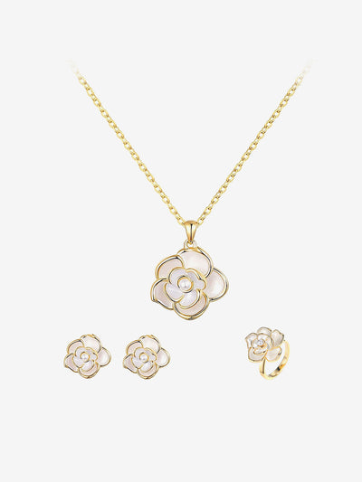 3 Pieces Floral Faux Pearl Earrings Ring and Pendant Necklace Jewelry Set