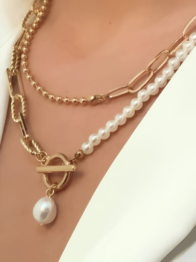 Stylish Long Round Bead Chain Stacking Faux Pearl Buckle Necklace