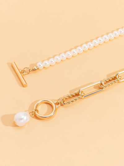 Stylish Long Round Bead Chain Stacking Faux Pearl Buckle Necklace