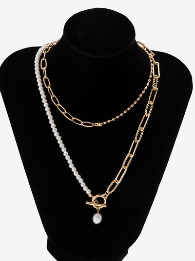 Stylish Long Round Bead Chain Stacking Faux Pearl Buckle Necklace