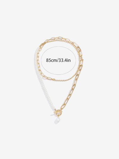 Stylish Long Round Bead Chain Stacking Faux Pearl Buckle Necklace