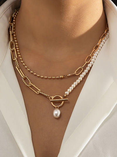 Stylish Long Round Bead Chain Stacking Faux Pearl Buckle Necklace