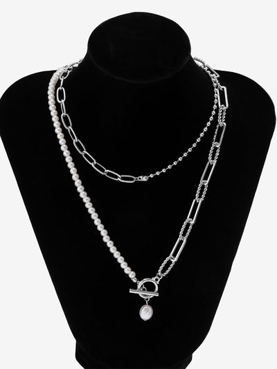 Stylish Long Round Bead Chain Stacking Faux Pearl Buckle Necklace