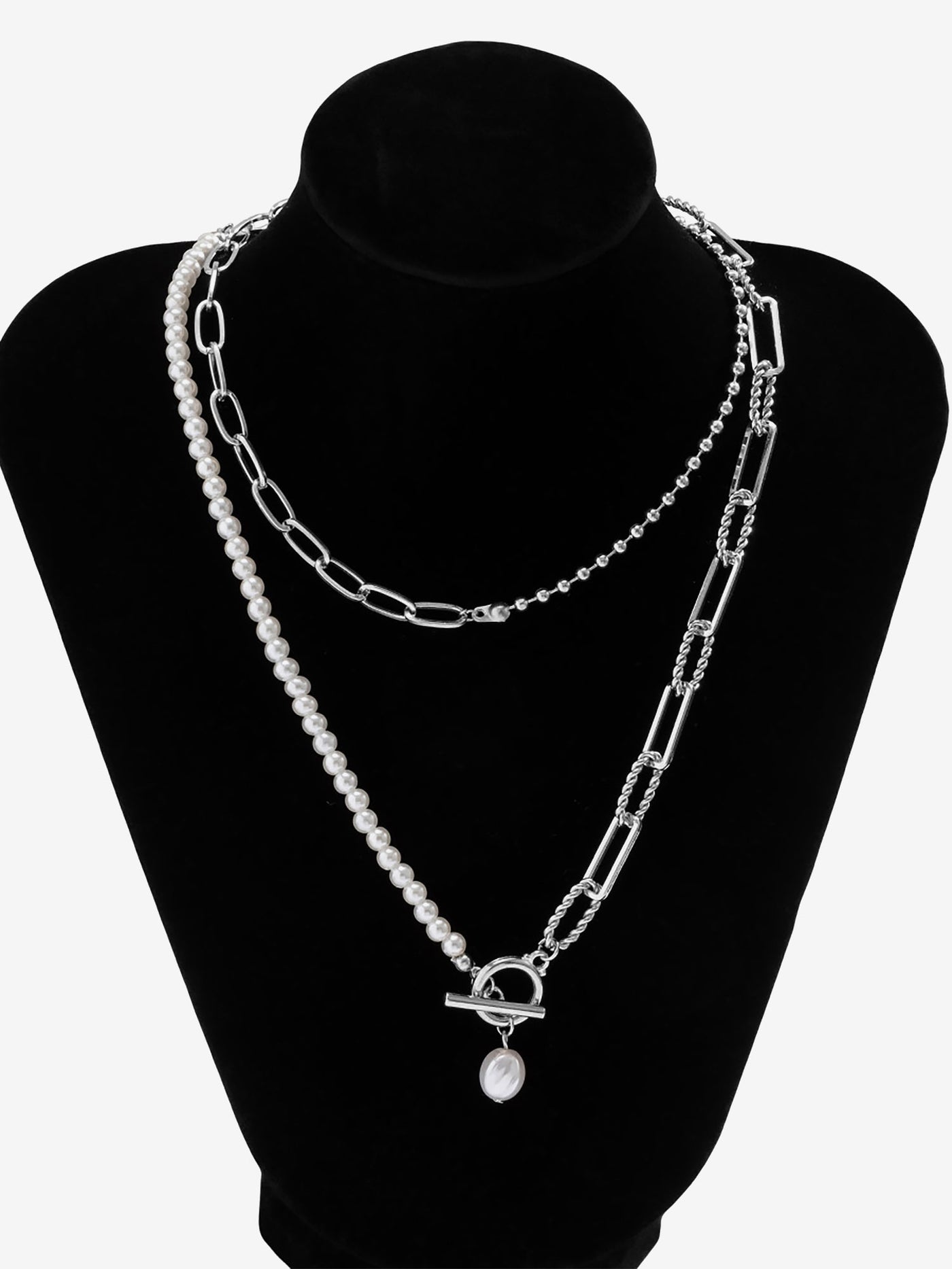 Allegra K Stylish Long Round Bead Chain Stacking Faux Pearl Buckle Necklace