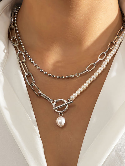 Stylish Long Round Bead Chain Stacking Faux Pearl Buckle Necklace