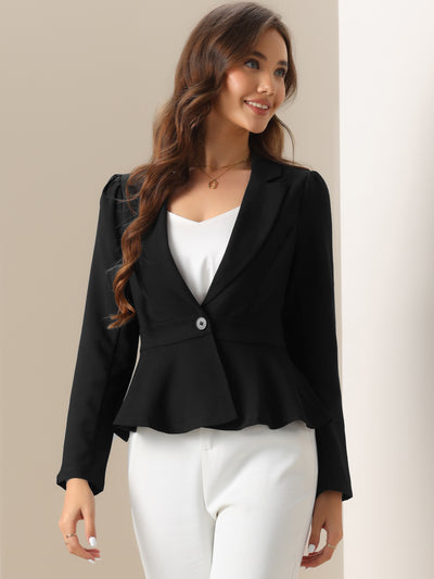 Notched Lapel One Button Ruffle Peplum Blazer