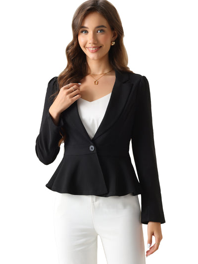 Notched Lapel One Button Ruffle Peplum Blazer