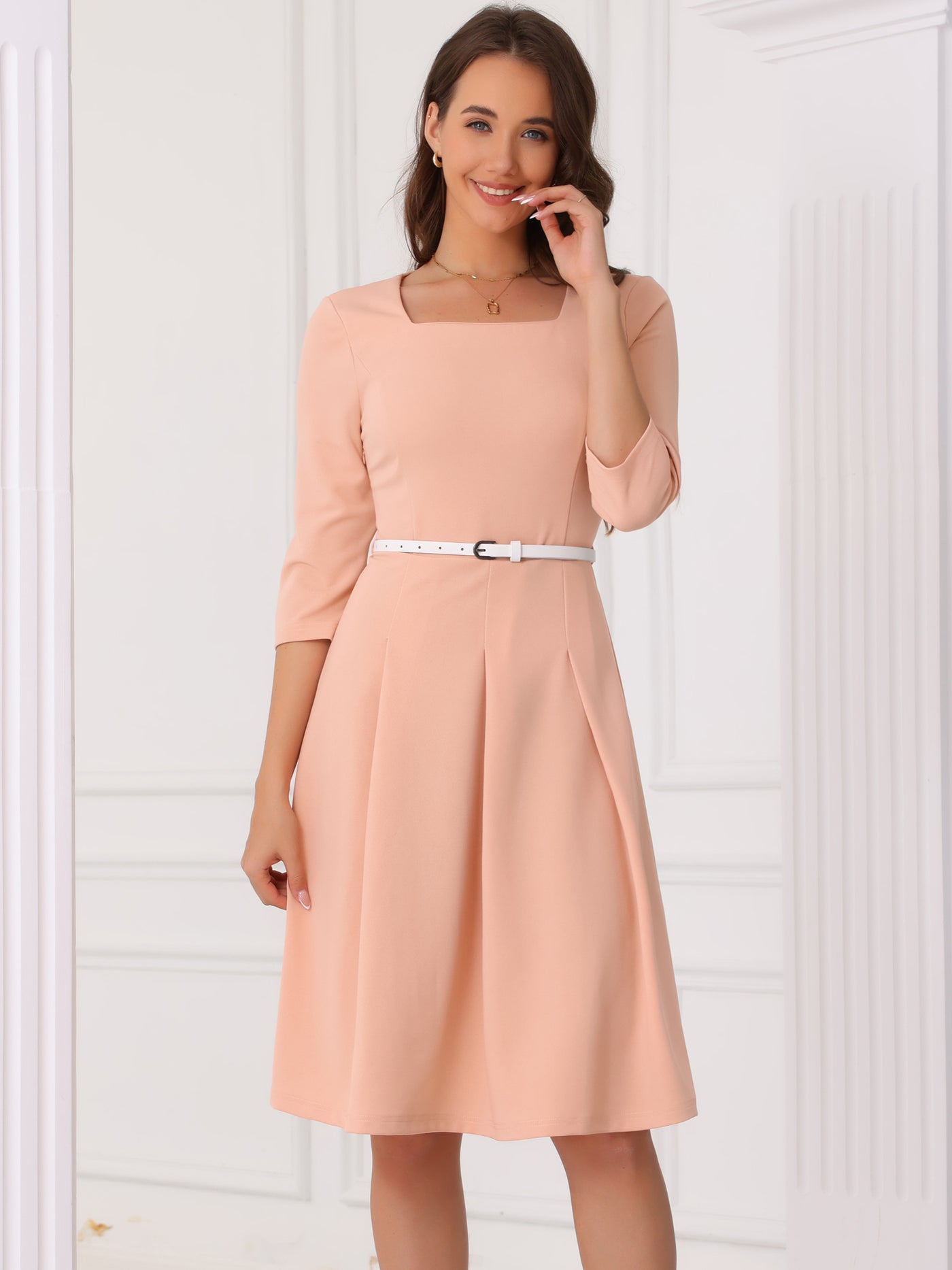 Allegra K Square Neck 3/4 Sleeve Belted Pleated A-Line Midi Dress