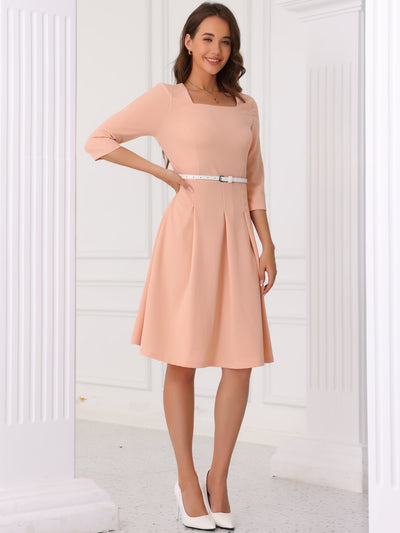 Allegra K Square Neck 3/4 Sleeve Belted Pleated A-Line Midi Dress