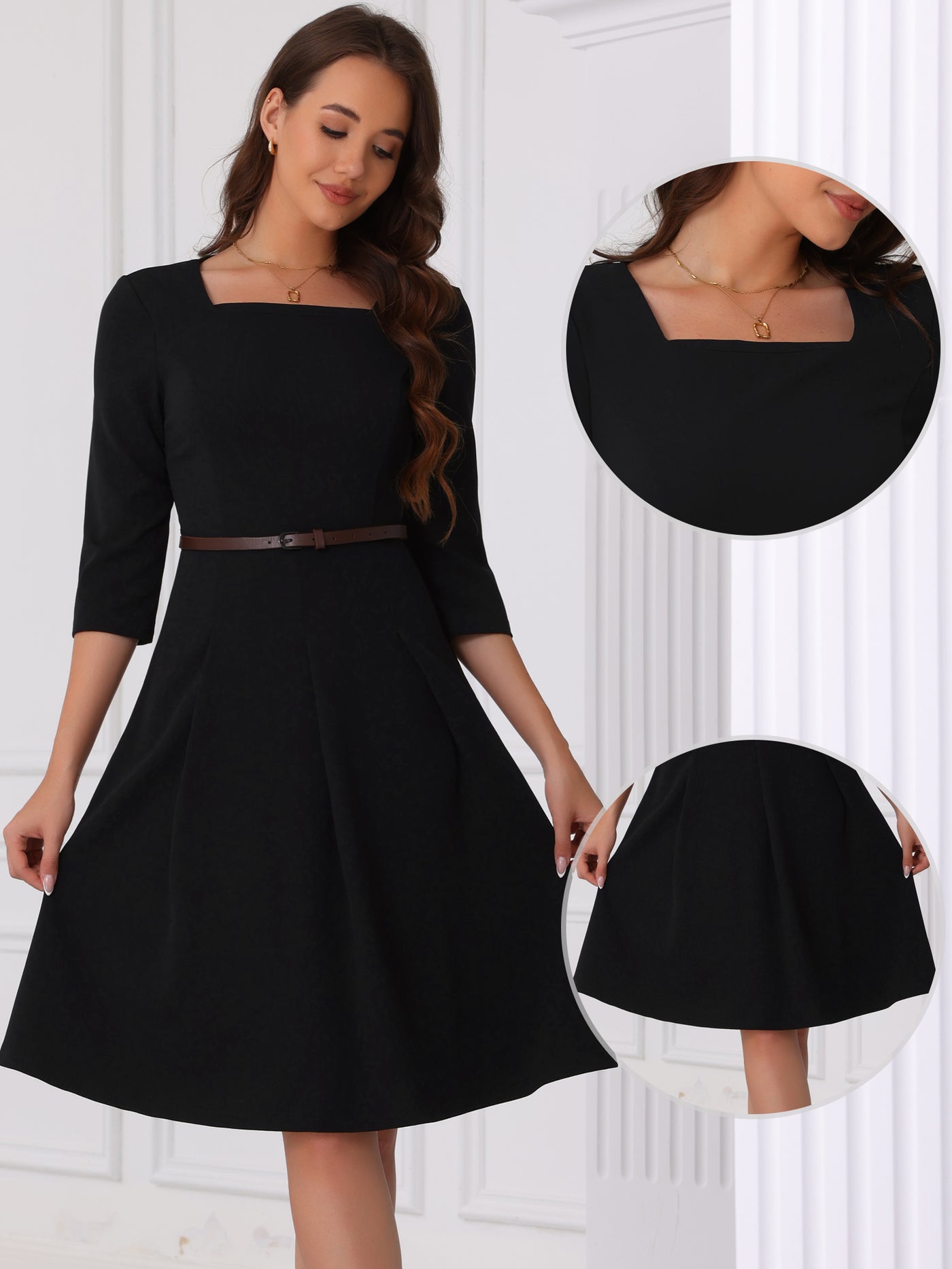 Allegra K Square Neck 3/4 Sleeve Belted Pleated A-Line Midi Dress