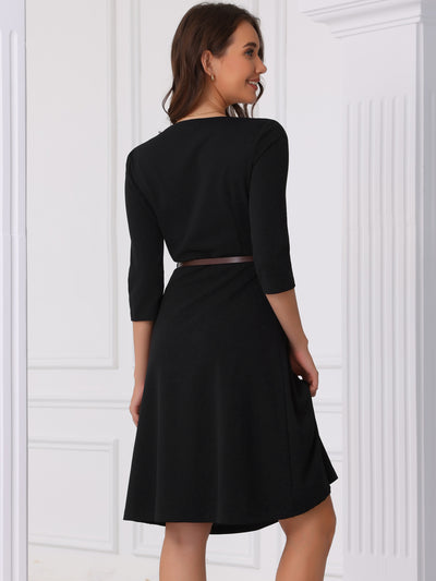 Square Neck 3/4 Sleeve Belted Pleated A-Line Midi Dress