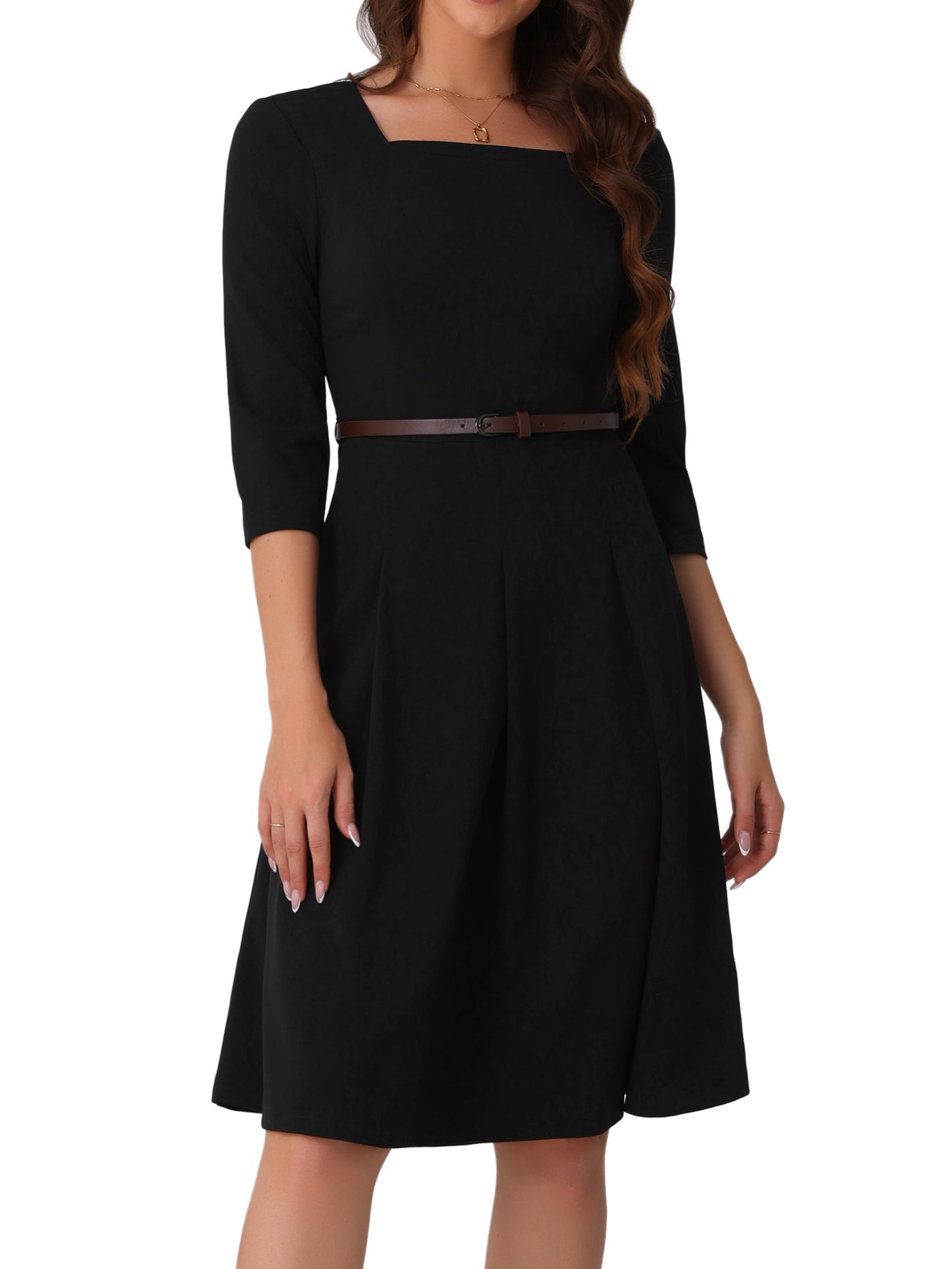 Allegra K Square Neck 3/4 Sleeve Belted Pleated A-Line Midi Dress