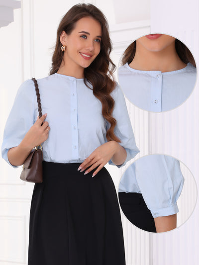 Button Down Cotton Puff Sleeve Crew Neck Blouse