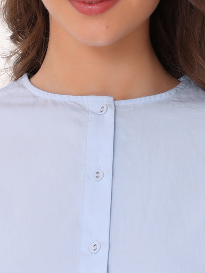 Button Down Cotton Puff Sleeve Crew Neck Blouse