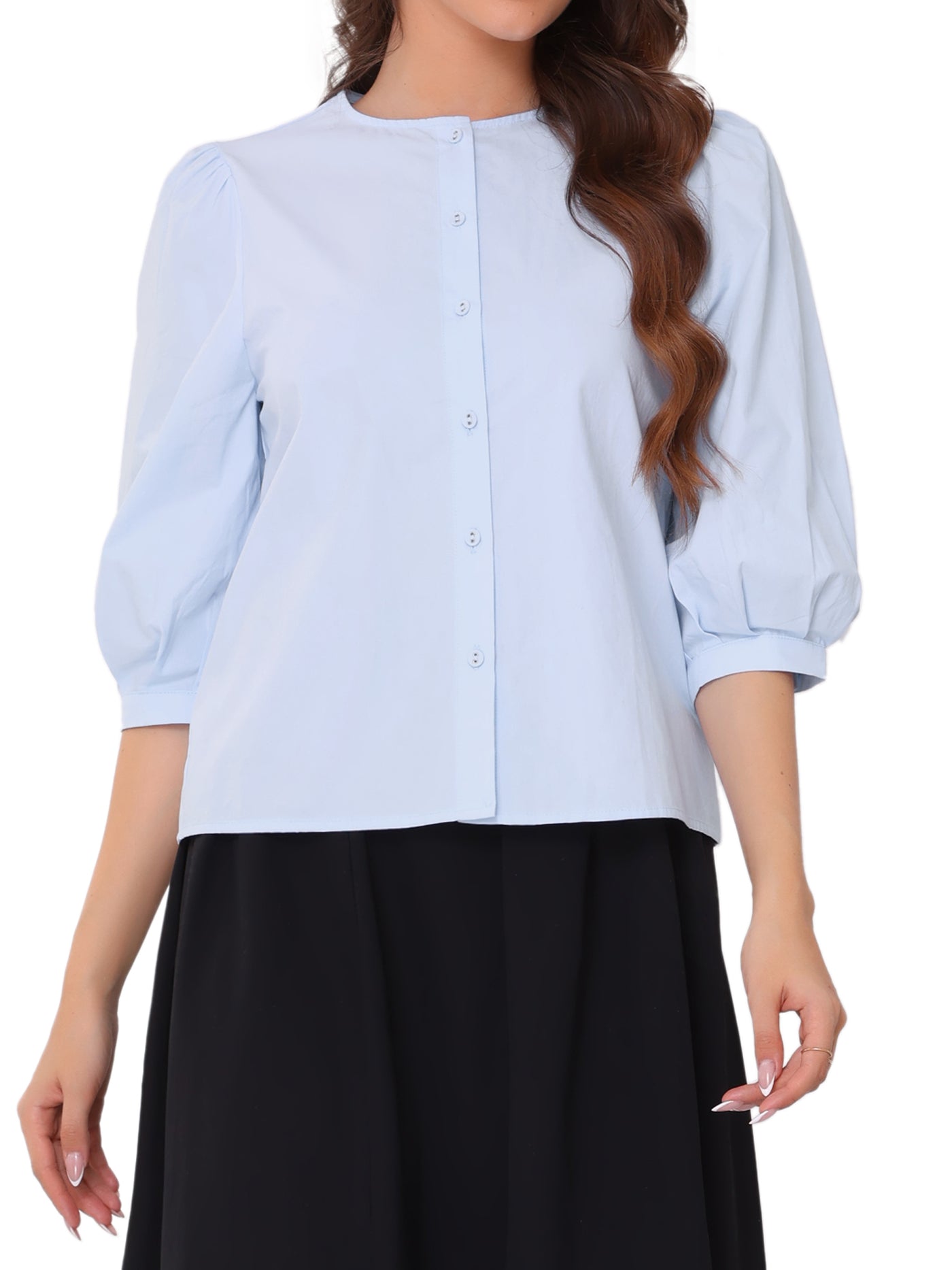 Allegra K Button Down Cotton Puff Sleeve Crew Neck Blouse