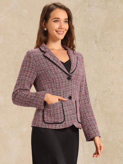 Plaid Tweed Notched Lapel Button Long Sleeve Blazer Jackets