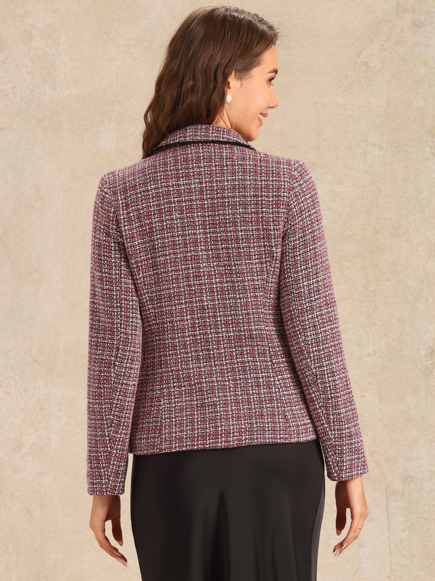 Allegra K Plaid Tweed Notched Lapel Button Long Sleeve Blazer Jackets